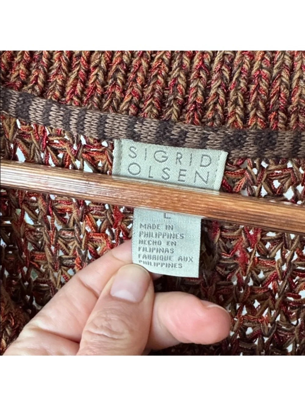 Sigrid Olsen Open Knit Button Front Sweater Cardigan Sz L Brown Orange Collared - Picture 4 of 9